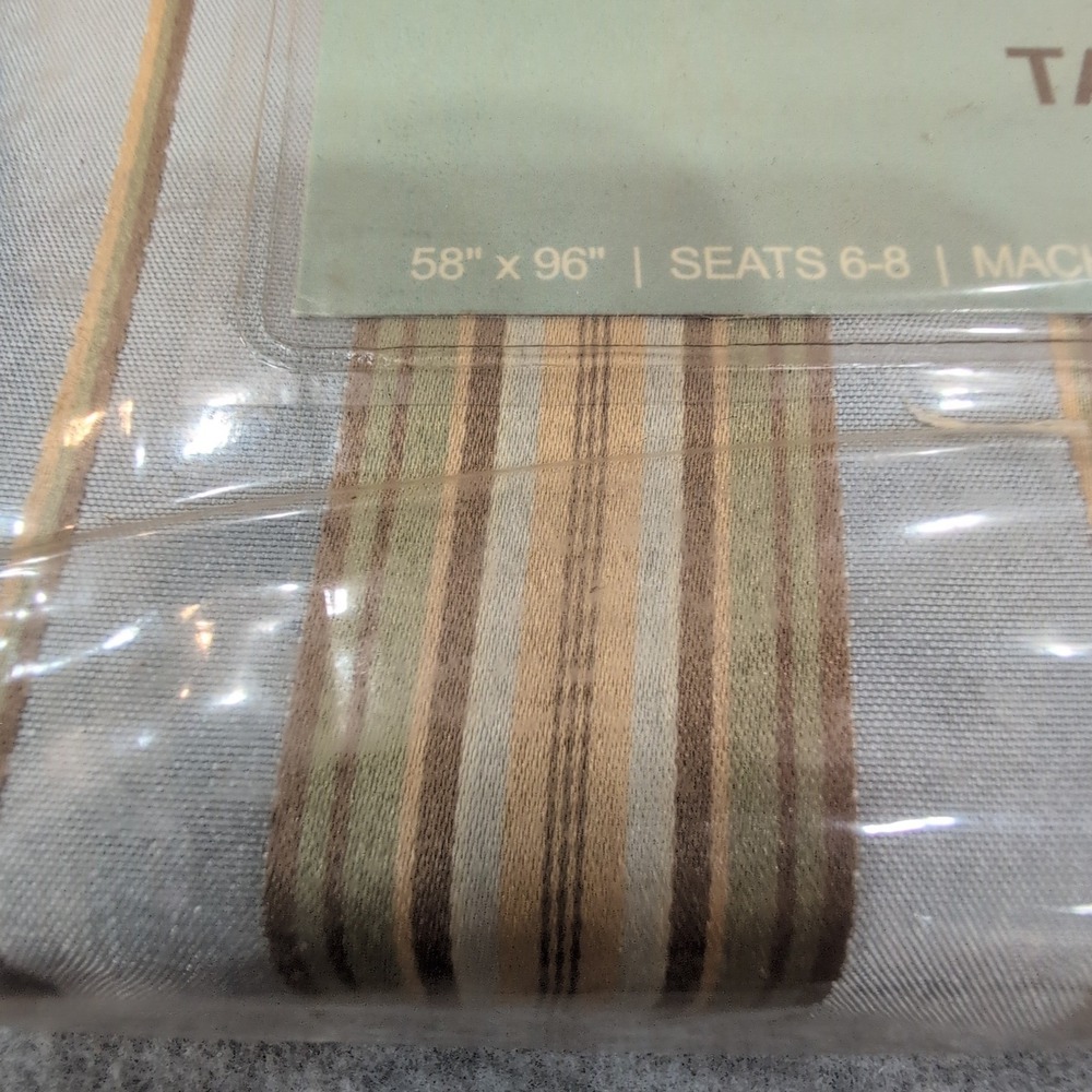Rodeo Home Table Cloth Rectangular Striped Moss Aqua Tan Seats 6-8 New - Picture 2 of 3